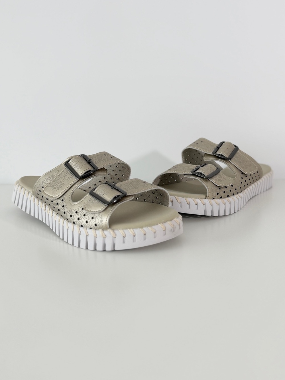 Ilse Jacobsen Hornbæk Tulip Gold Metallic Double Strap Slide Comfort Sandals 10